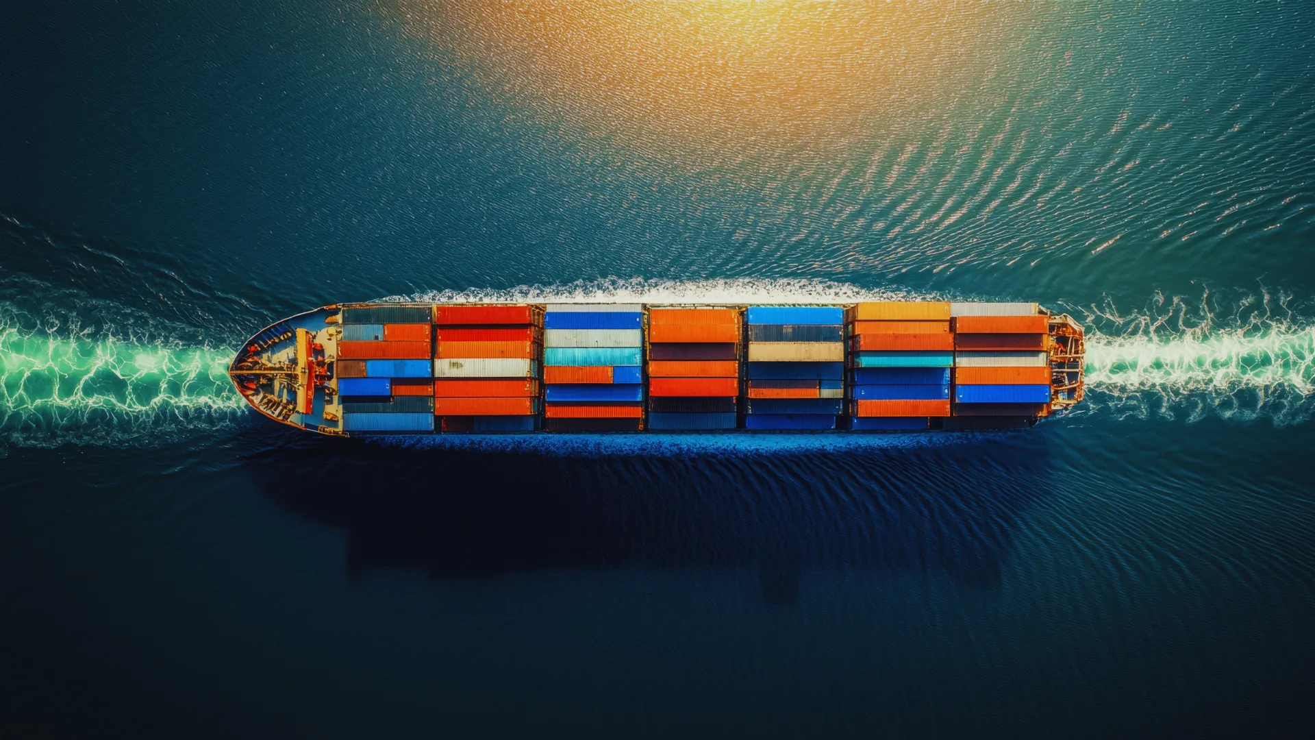 Container vessel at sea carrying stacked shipping containers